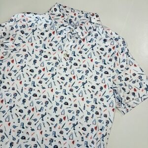 Burlebo Polo Shirt Mens Small NWT White BBQ Grill Print Performance Stretch